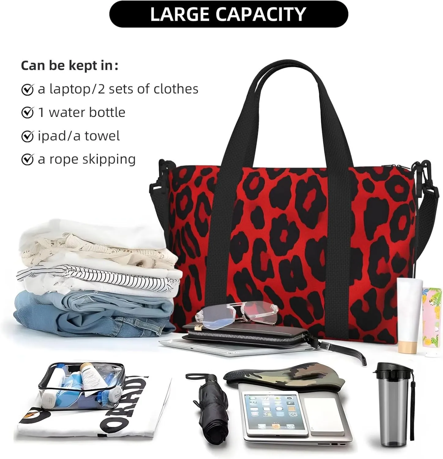 Gym Bag Red Leopard Pattern Duffel Bag for Men Women Travel Overnight Bag with Shoe Compartment Workout Bags