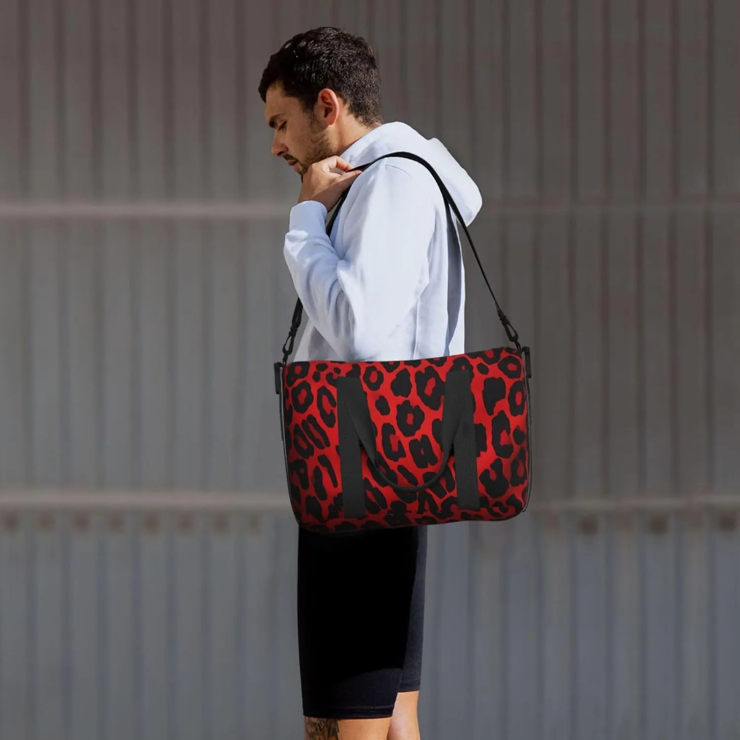 Gym Bag Red Leopard Pattern Duffel Bag for Men Women Travel Overnight Bag with Shoe Compartment Workout Bags