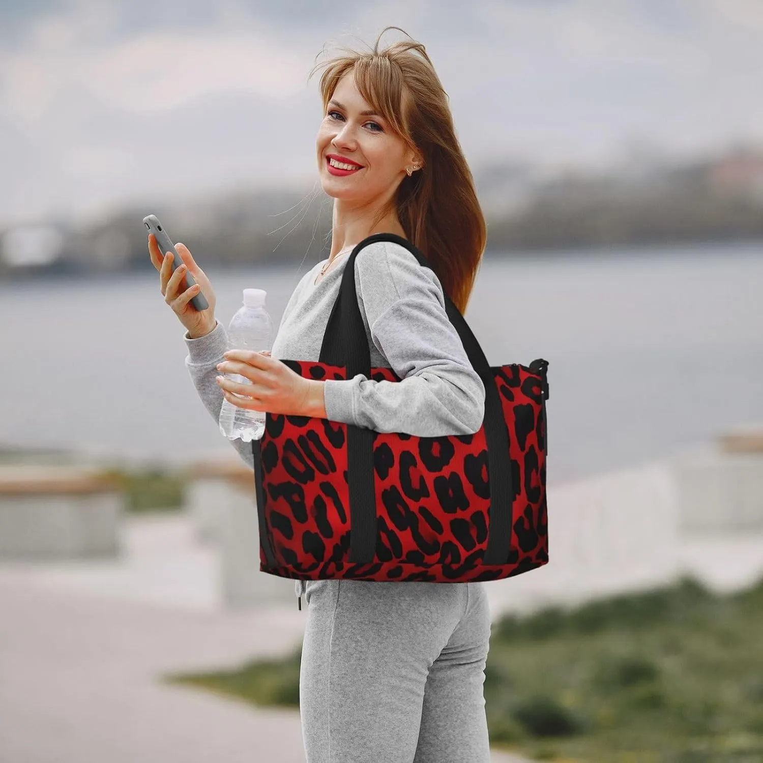 Gym Bag Red Leopard Pattern Duffel Bag for Men Women Travel Overnight Bag with Shoe Compartment Workout Bags