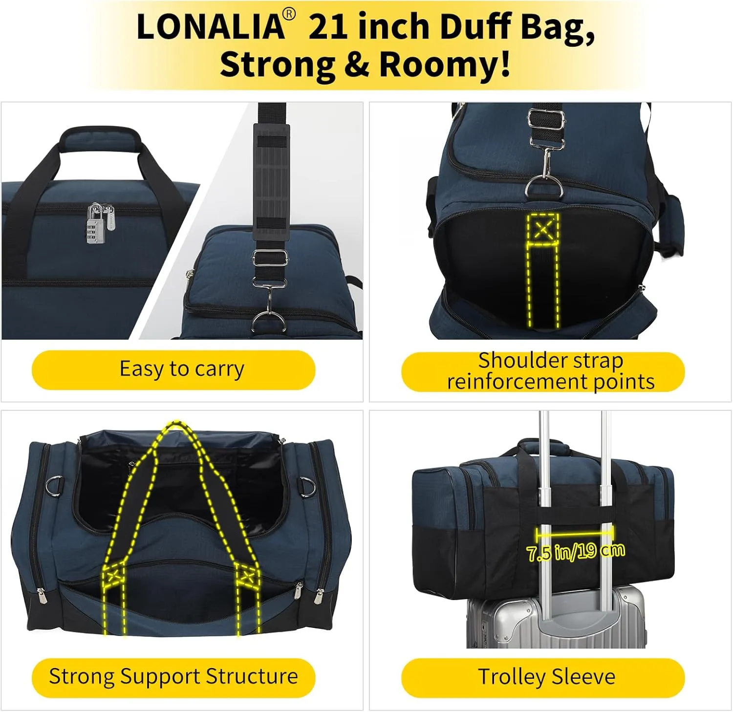 Gym Bag Sport Duffle Bag for Men - 21 in Weekender Travel Bag with Trolley Sleeve (Navy)