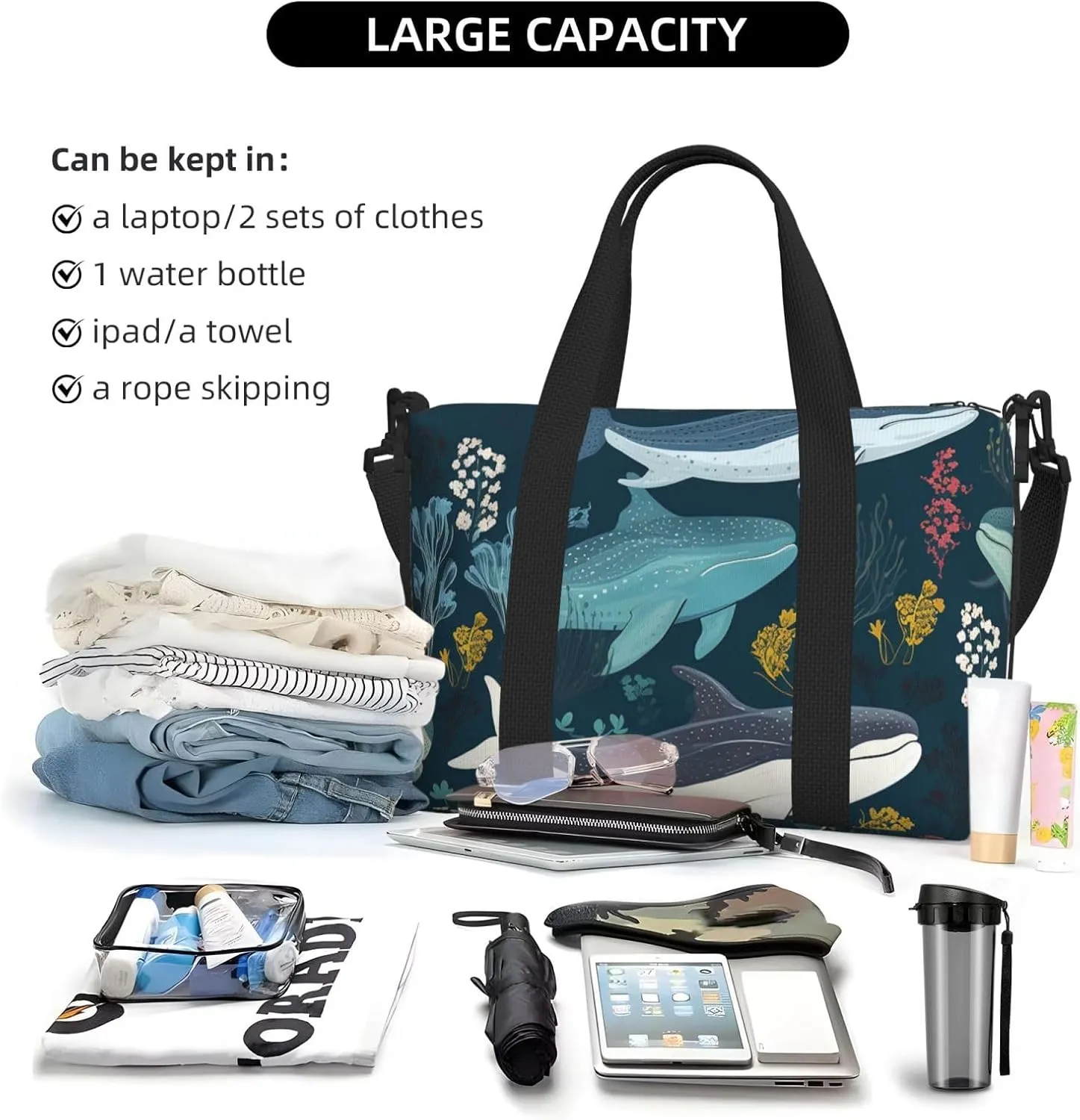 Gym Bag Whale Pattern Duffel Bag for Men Women Travel Overnight Bag with Shoe Compartment Workout Bags