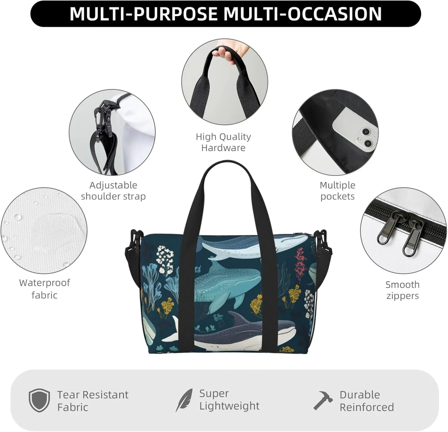 Gym Bag Whale Pattern Duffel Bag for Men Women Travel Overnight Bag with Shoe Compartment Workout Bags