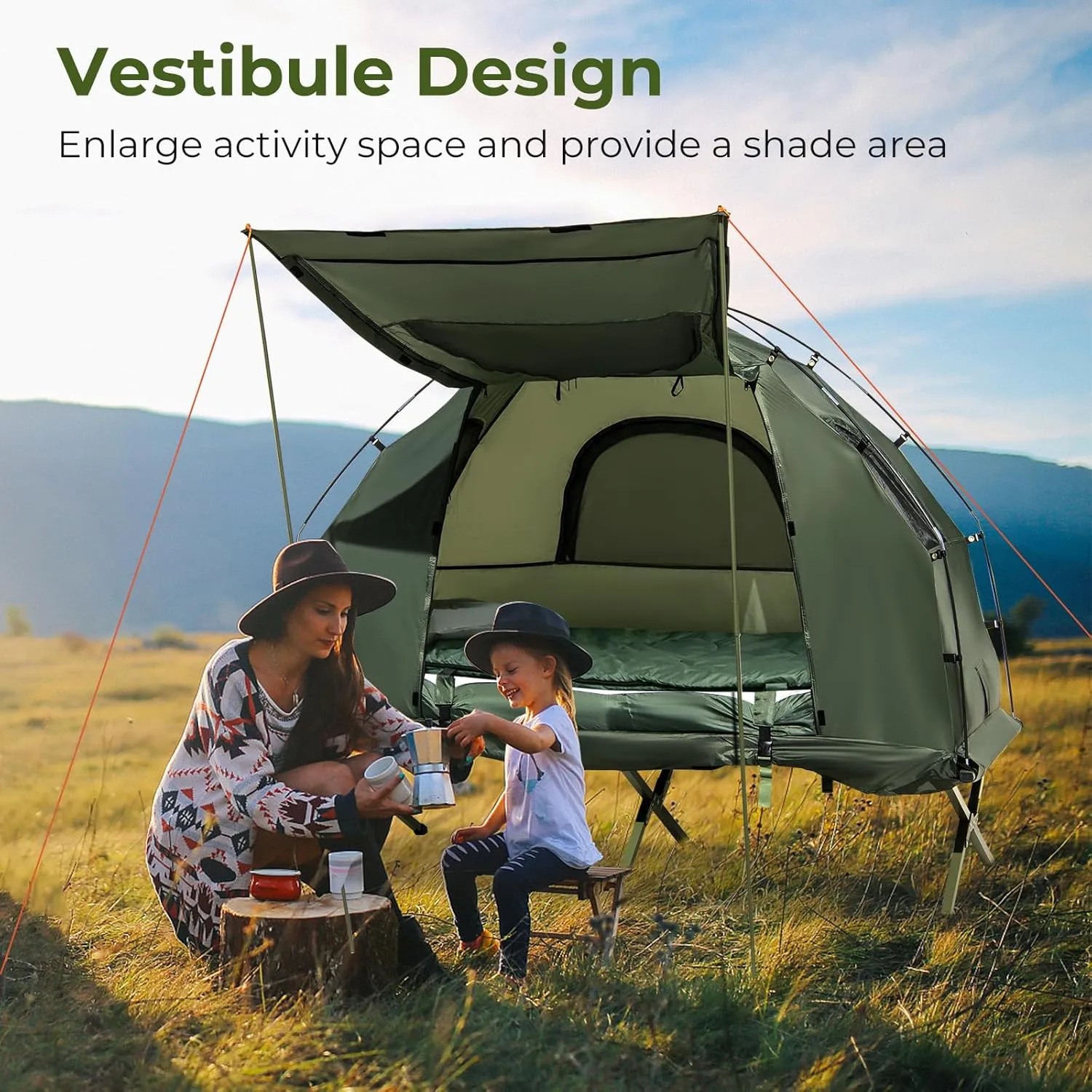 GYMAX Tent Cot, 5-in-1 Folding Camping Cot with Mattress & Pillows, Sleeping Bags, Sunshade, Camping Tent Elevated with Carrying Bag for Outdoor Hiking, Fishing, Picnic