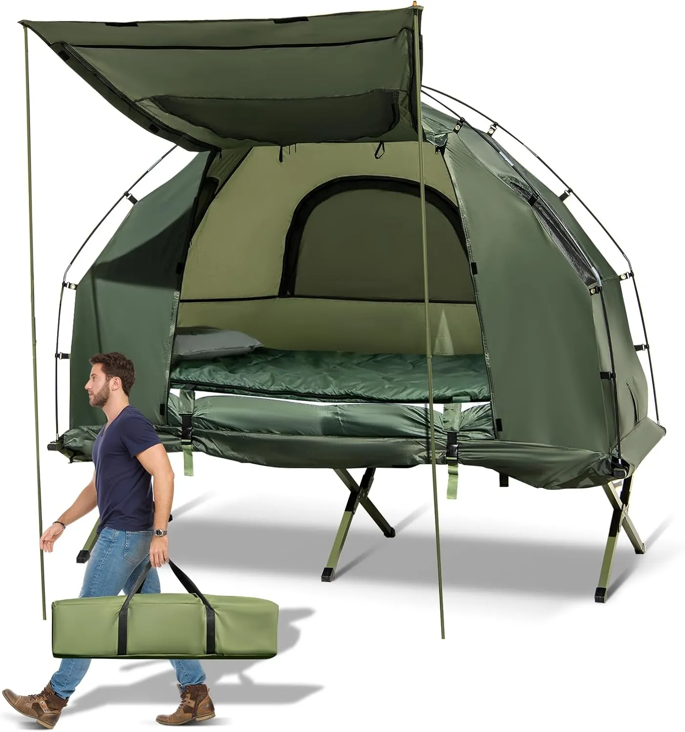 GYMAX Tent Cot, 5-in-1 Folding Camping Cot with Mattress & Pillows, Sleeping Bags, Sunshade, Camping Tent Elevated with Carrying Bag for Outdoor Hiking, Fishing, Picnic