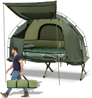 GYMAX Tent Cot, 5-in-1 Folding Camping Cot with Mattress & Pillows, Sleeping Bags, Sunshade, Camping Tent Elevated with Carrying Bag for Outdoor Hiking, Fishing, Picnic