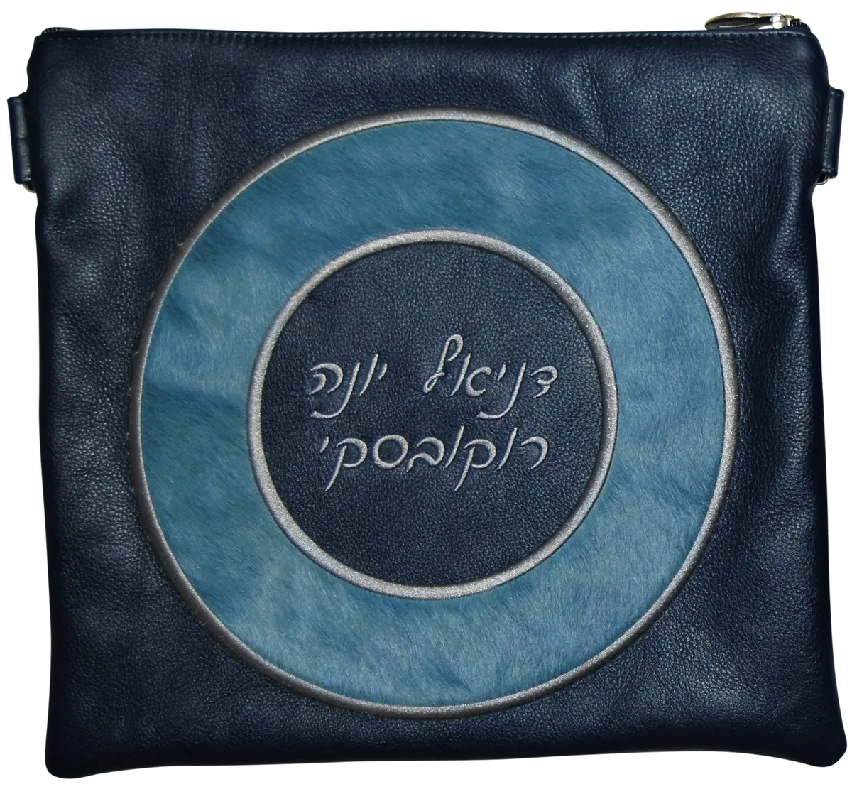 hair-on circle frame design on navy leather