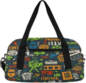 Hand-Painted Cinema Kids Overnight Duffle Bags for Girls Boys, Vintage Pattern Lightweight Sports Gym Bag for Kids，Small Overnight Weekender Carry on Travel Bags Dance Bag