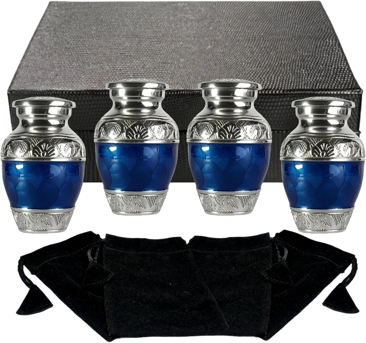 Handcrafted Set of 4 Keepsake Mini Urns for Ashes with Funnel and Four Velvet Bags, 3 Inches Tall (Navy Blue, Set of 4 Keepsakes)
