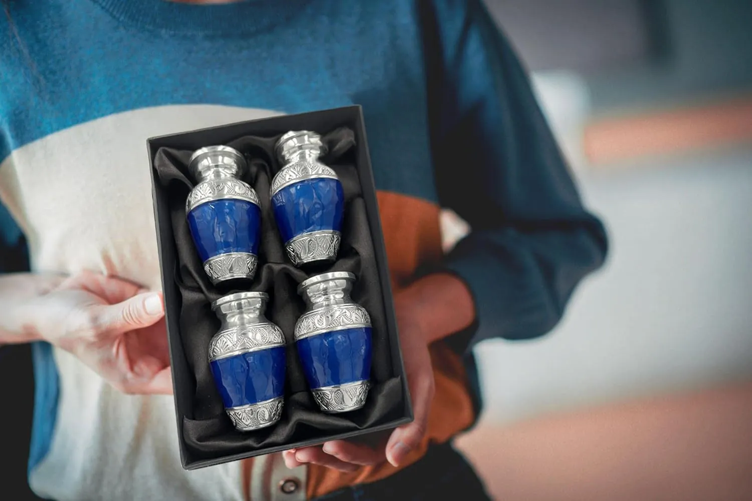 Handcrafted Set of 4 Keepsake Mini Urns for Ashes with Funnel and Four Velvet Bags, 3 Inches Tall (Navy Blue, Set of 4 Keepsakes)