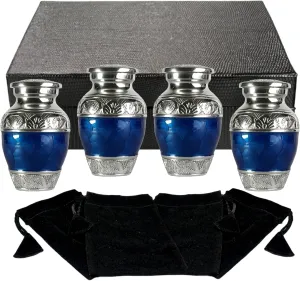 Handcrafted Set of 4 Keepsake Mini Urns for Ashes with Funnel and Four Velvet Bags, 3 Inches Tall (Navy Blue, Set of 4 Keepsakes)