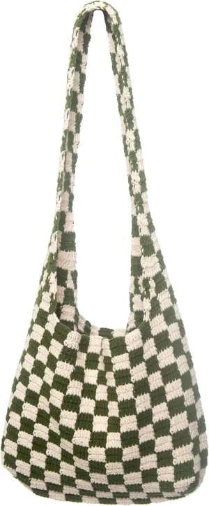 Handmade Checkered Pattern Crochet Tote Bag, Aesthetic Hobo Shoulder Crochet Beach Bag