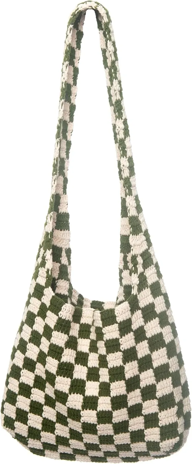 Handmade Checkered Pattern Crochet Tote Bag, Aesthetic Hobo Shoulder Crochet Beach Bag