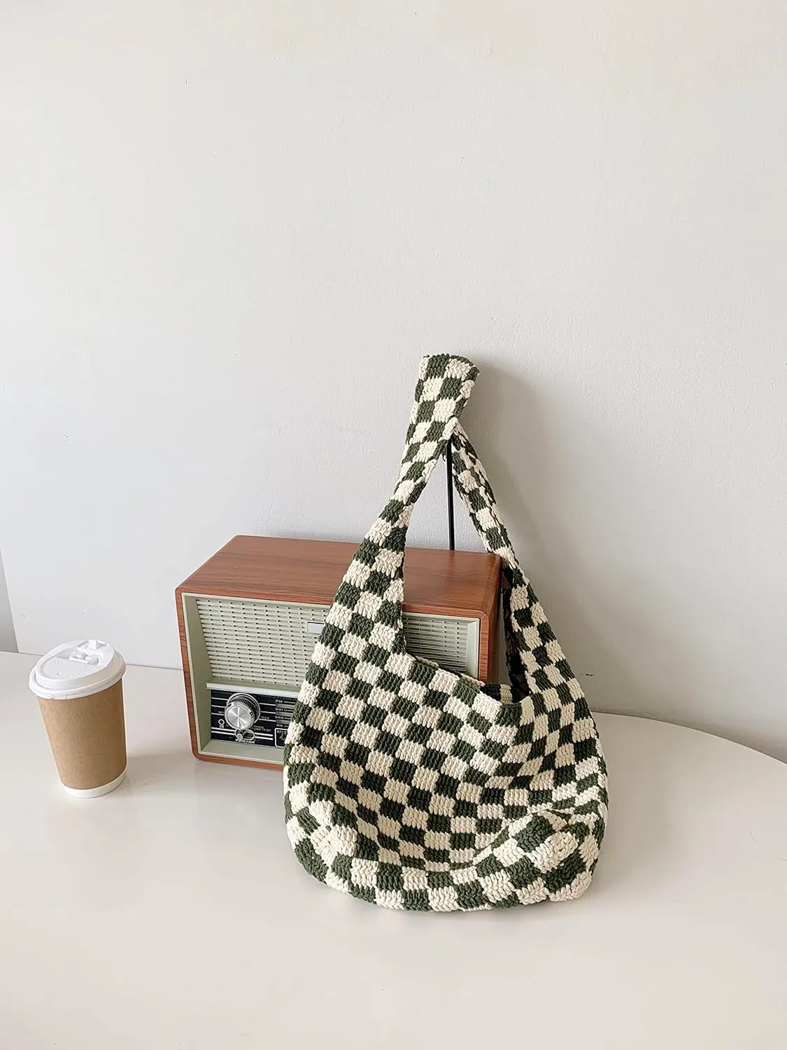 Handmade Checkered Pattern Crochet Tote Bag, Aesthetic Hobo Shoulder Crochet Beach Bag