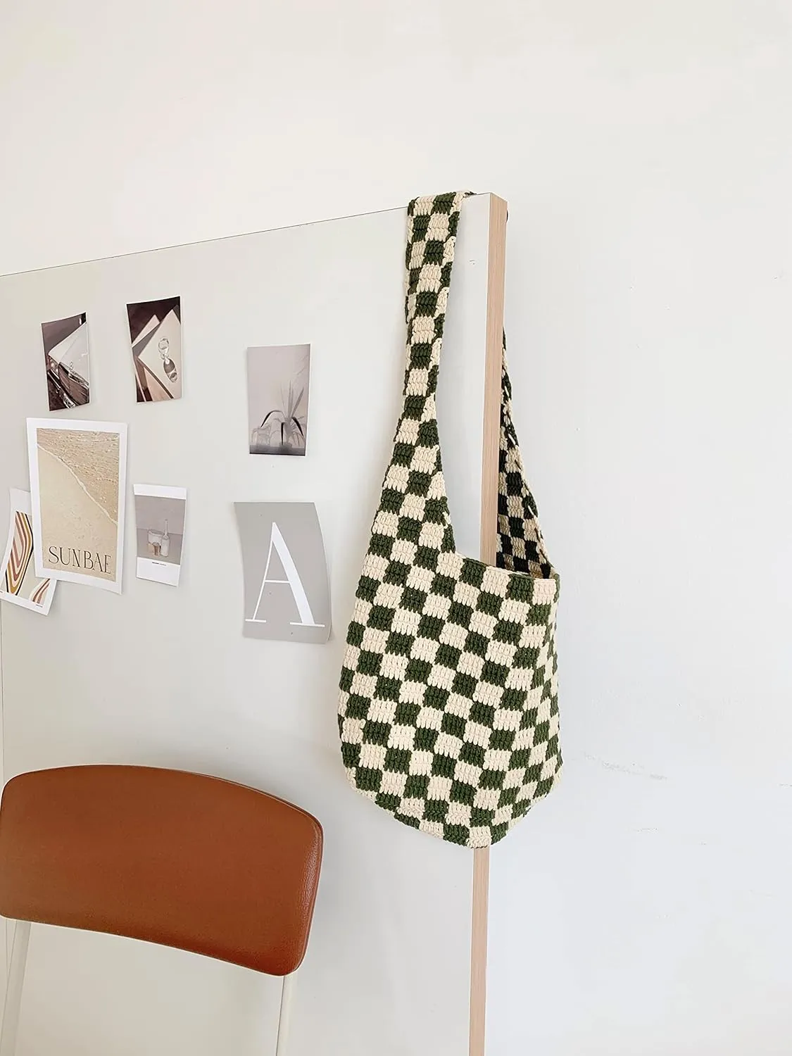 Handmade Checkered Pattern Crochet Tote Bag, Aesthetic Hobo Shoulder Crochet Beach Bag