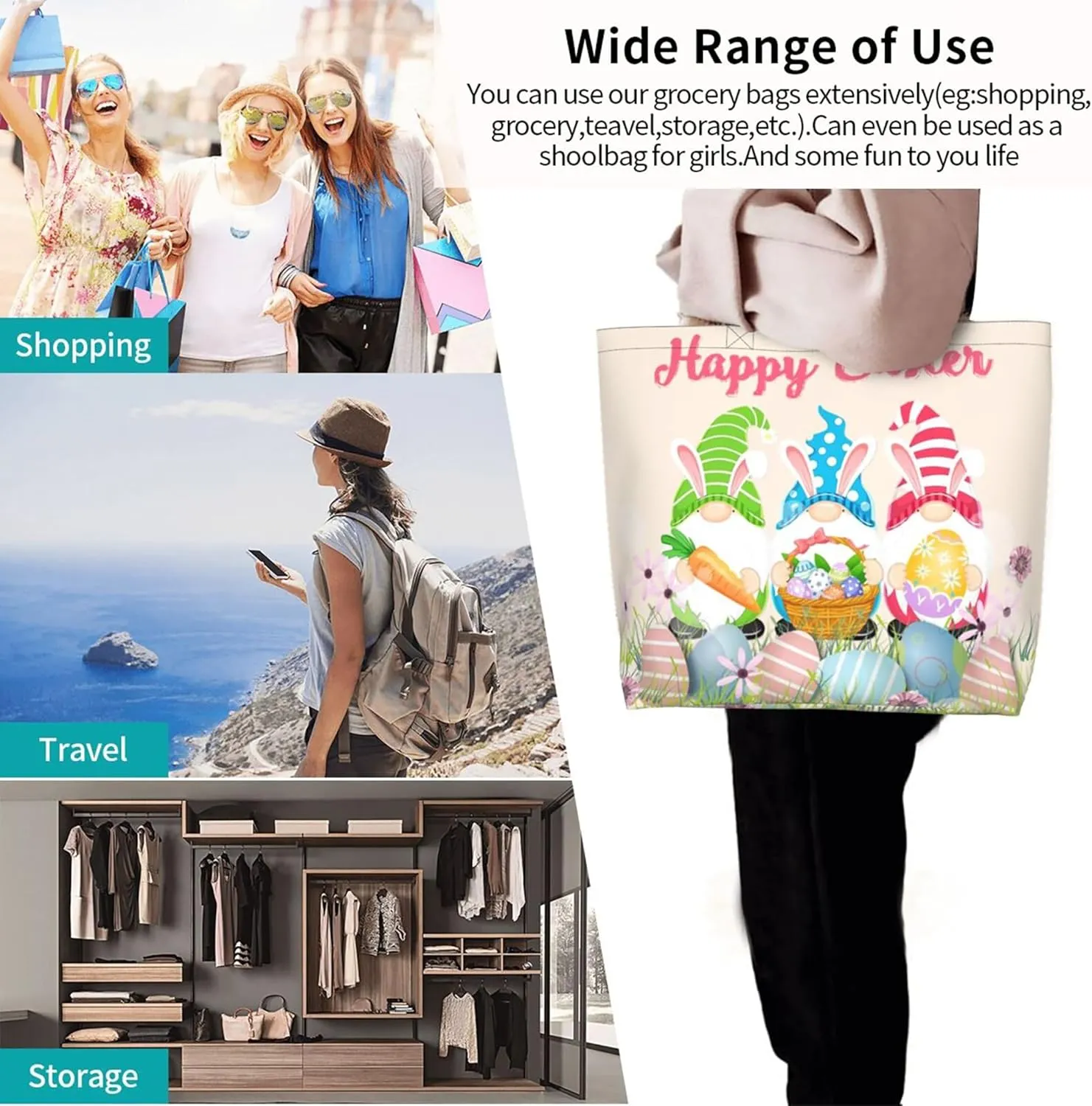 Happy Easter Tote Bag with Handles Large Happy Easter Reusable Bags Gift Bunny Egg Hunt Bags