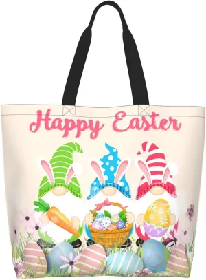 Happy Easter Tote Bag with Handles Large Happy Easter Reusable Bags Gift Bunny Egg Hunt Bags