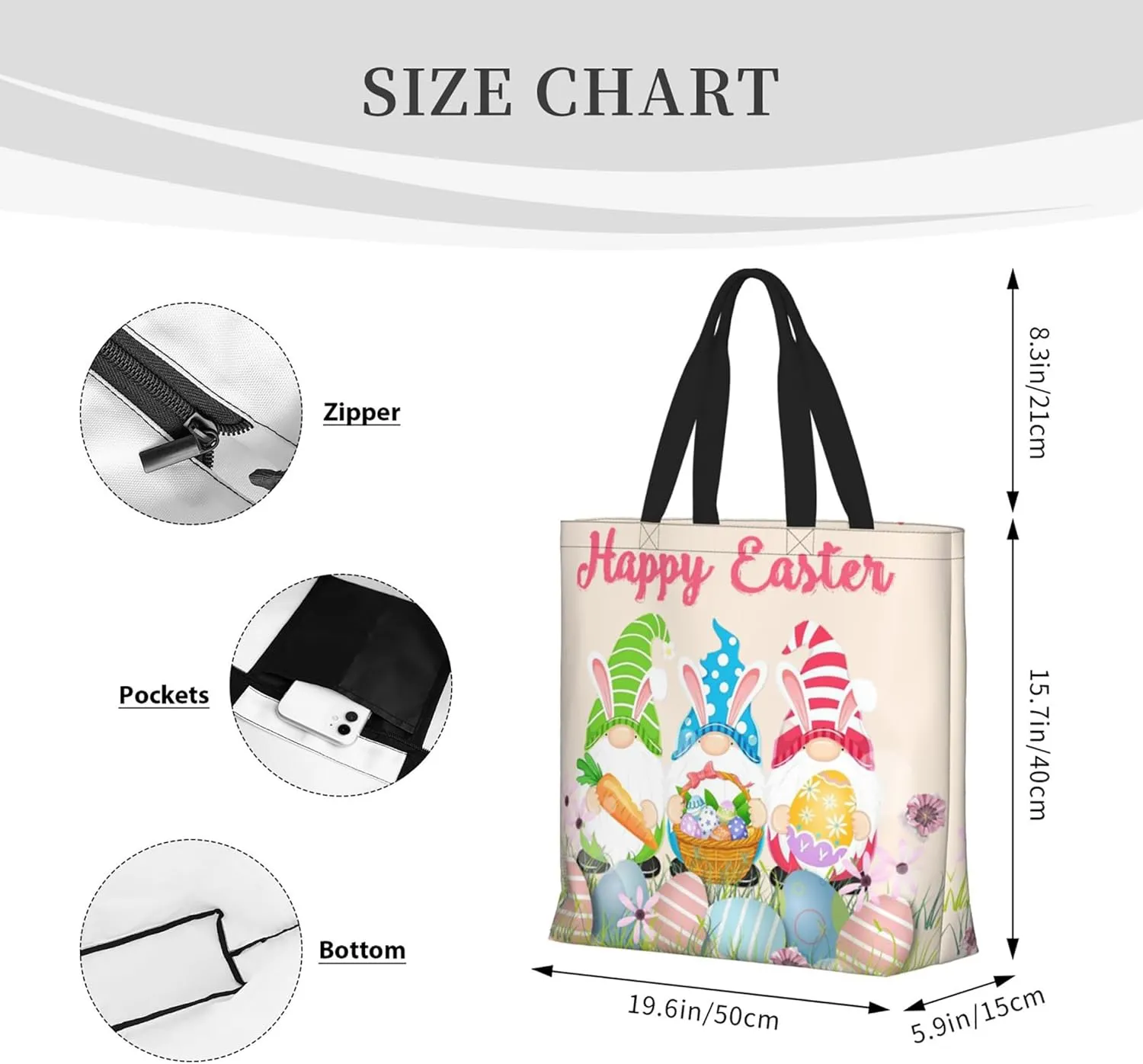 Happy Easter Tote Bag with Handles Large Happy Easter Reusable Bags Gift Bunny Egg Hunt Bags