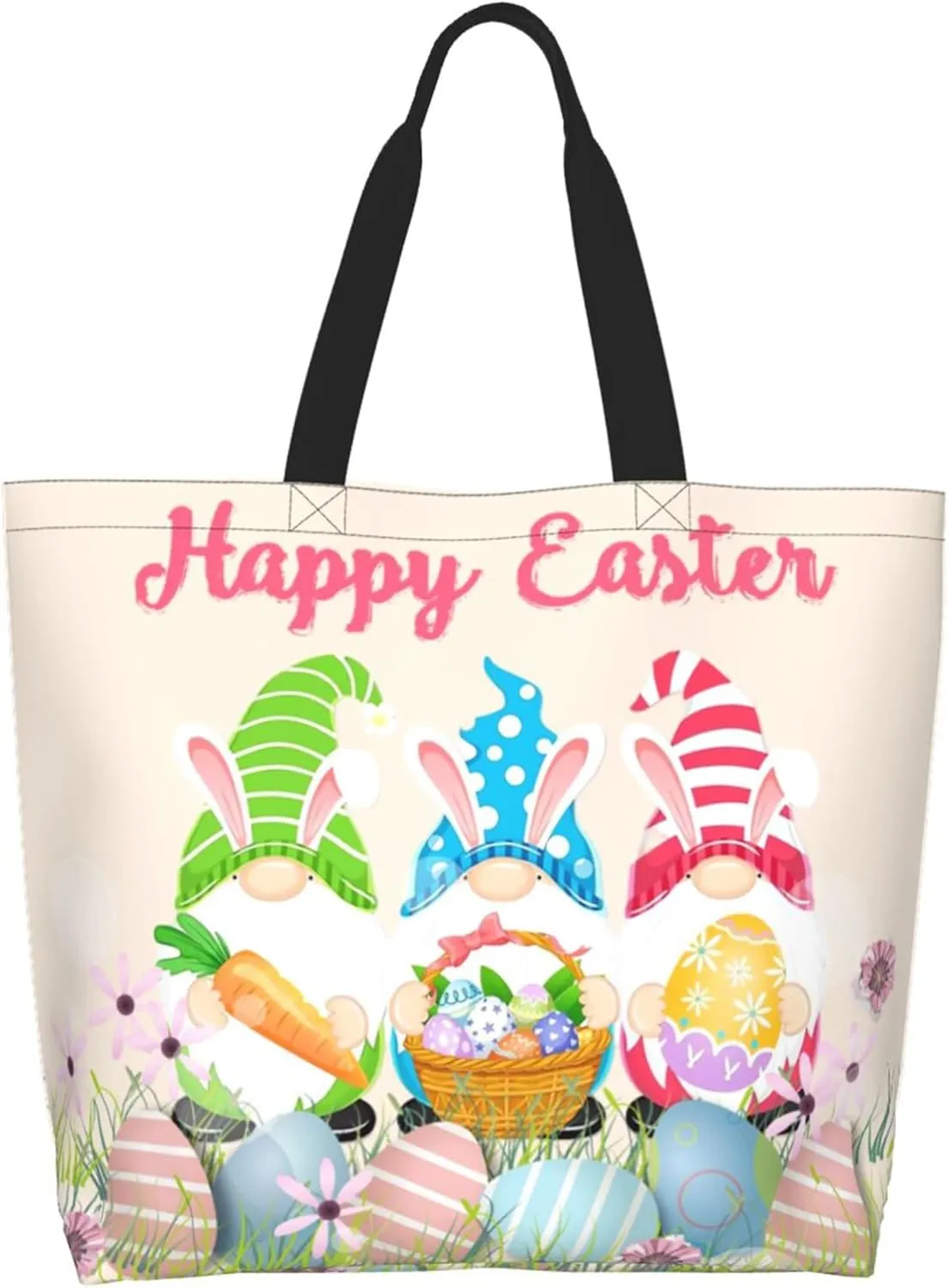 Happy Easter Tote Bag with Handles Large Happy Easter Reusable Bags Gift Bunny Egg Hunt Bags
