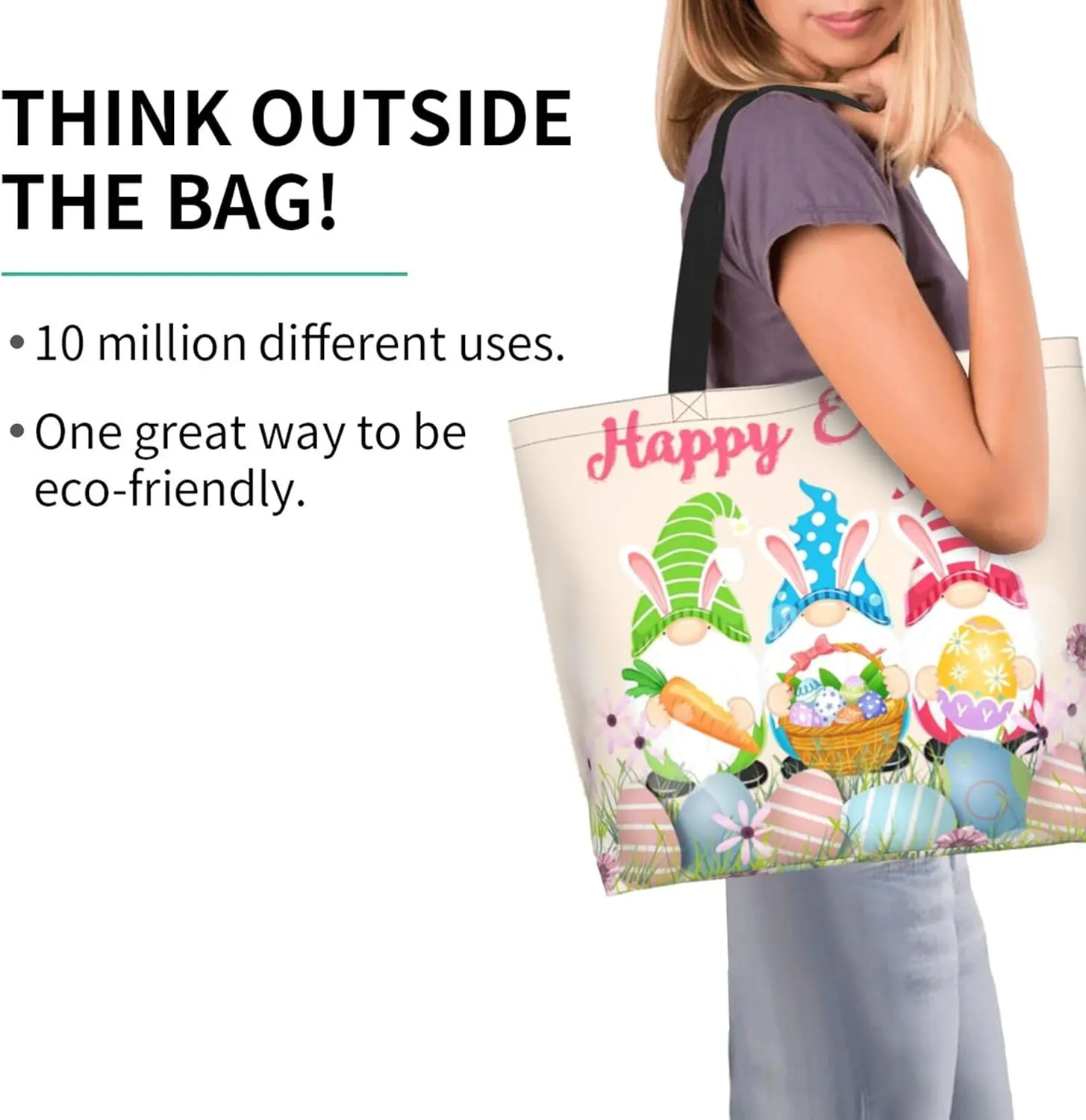 Happy Easter Tote Bag with Handles Large Happy Easter Reusable Bags Gift Bunny Egg Hunt Bags