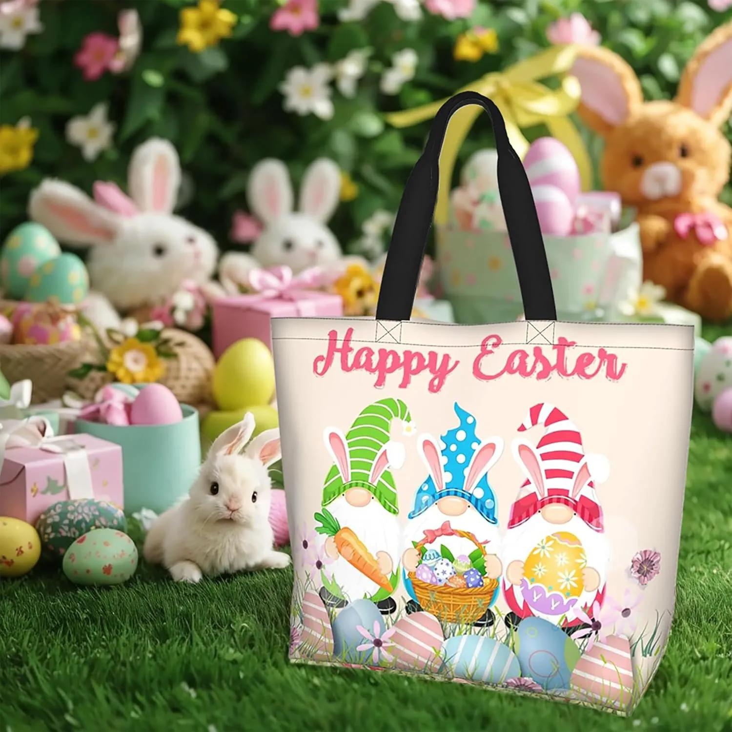 Happy Easter Tote Bag with Handles Large Happy Easter Reusable Bags Gift Bunny Egg Hunt Bags
