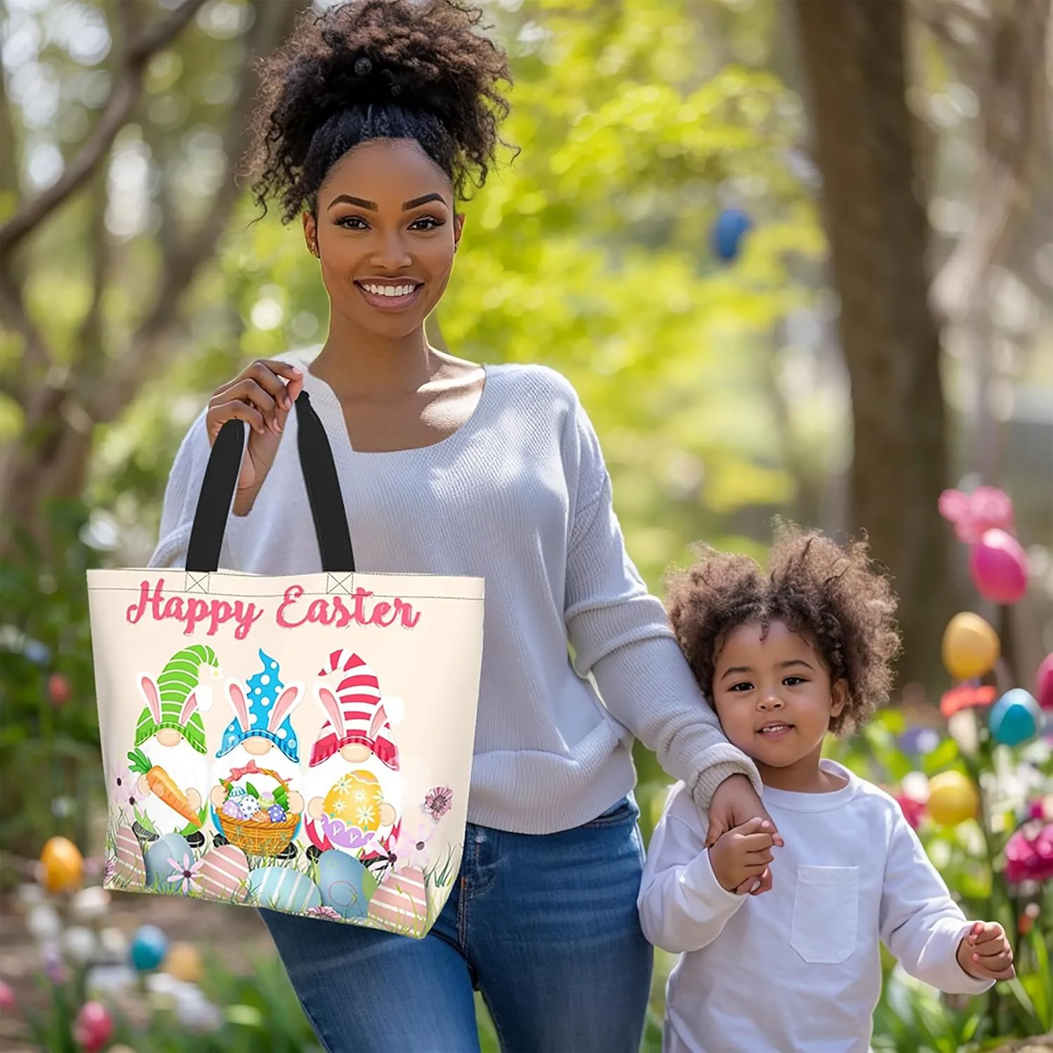 Happy Easter Tote Bag with Handles Large Happy Easter Reusable Bags Gift Bunny Egg Hunt Bags
