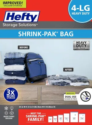 Hefty Shrink-Pak Heavy Duty Vacuum Storage Bags – For Clothes, Pillows, Towels, Blankets & More – Space Saver Vacuum Suction Seal for Home or Travel – 4 Large Bags, 34 x 22 Inches