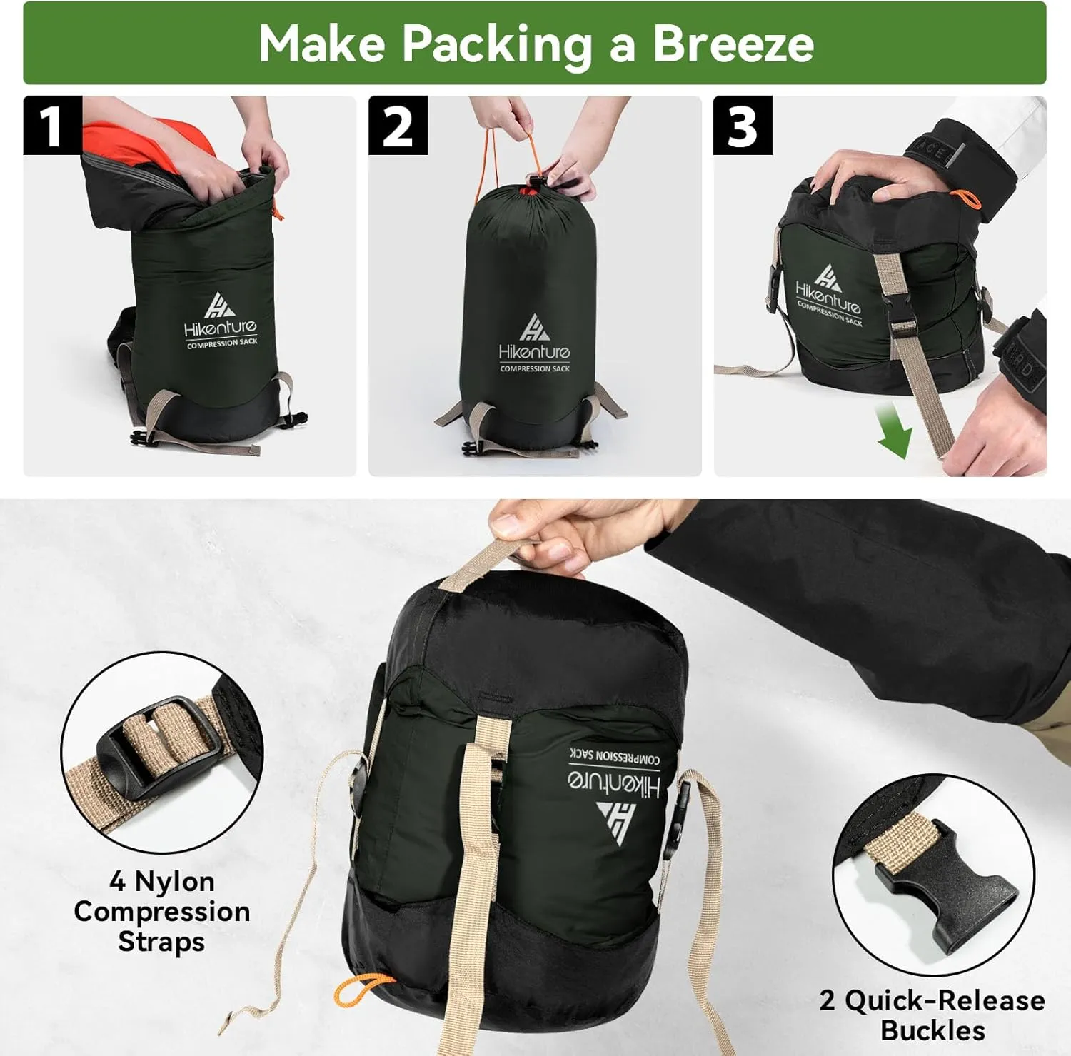 Hikenture Compression Sack for Sleeping Bag, Upgrade Anti-Tear Nylon Sleeping Bag Stuff Sack, 10L/14L/20L/30L Water-Resistant Compression Bag, Storage Bag