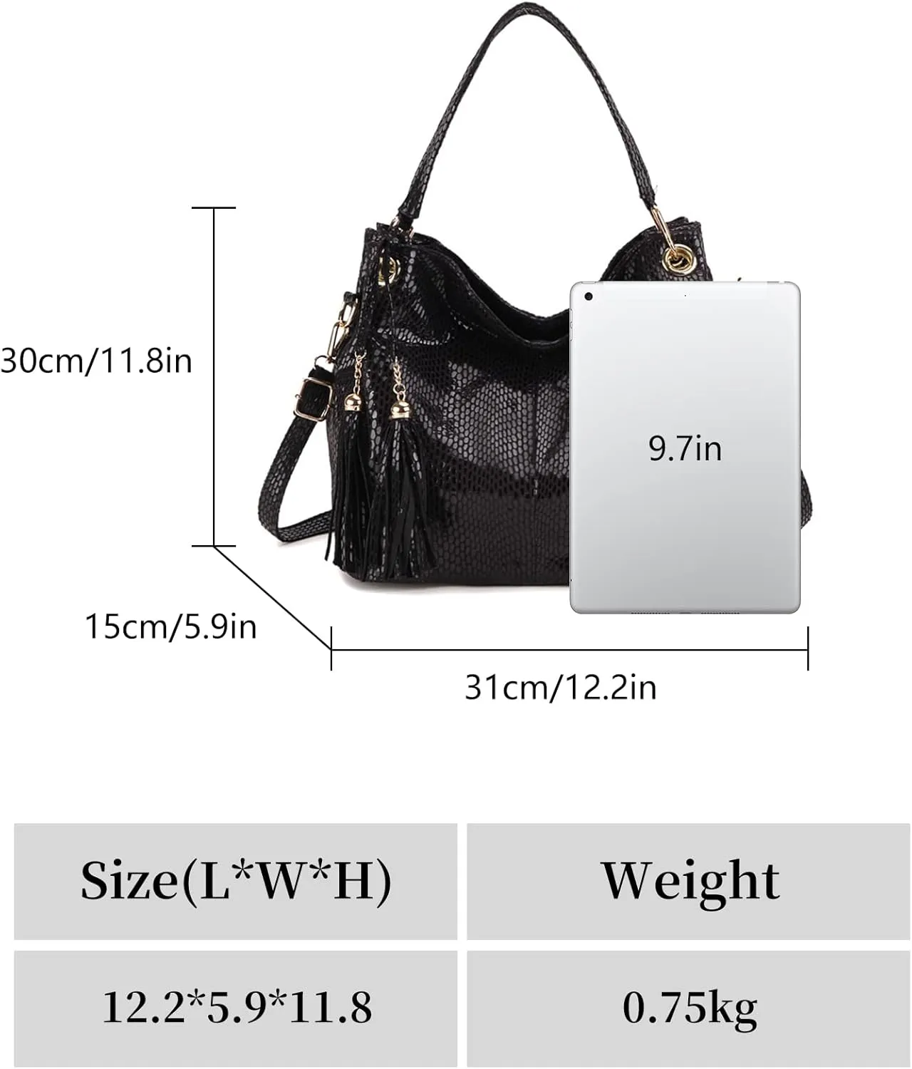 Hobo Bags for Women Snake Pattern PU Leather Shoulder Bags Purses and Handbags Large Hobo Purse with Tassel (Black)