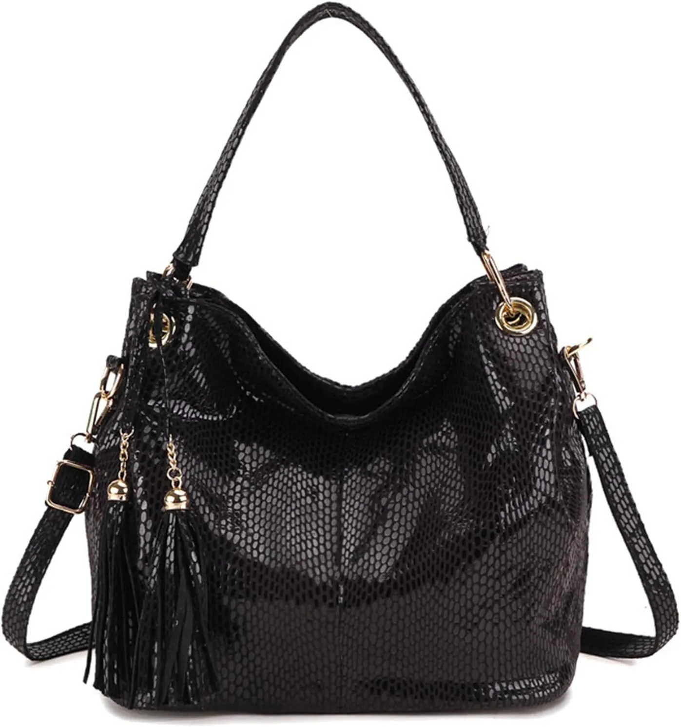 Hobo Bags for Women Snake Pattern PU Leather Shoulder Bags Purses and Handbags Large Hobo Purse with Tassel (Black)