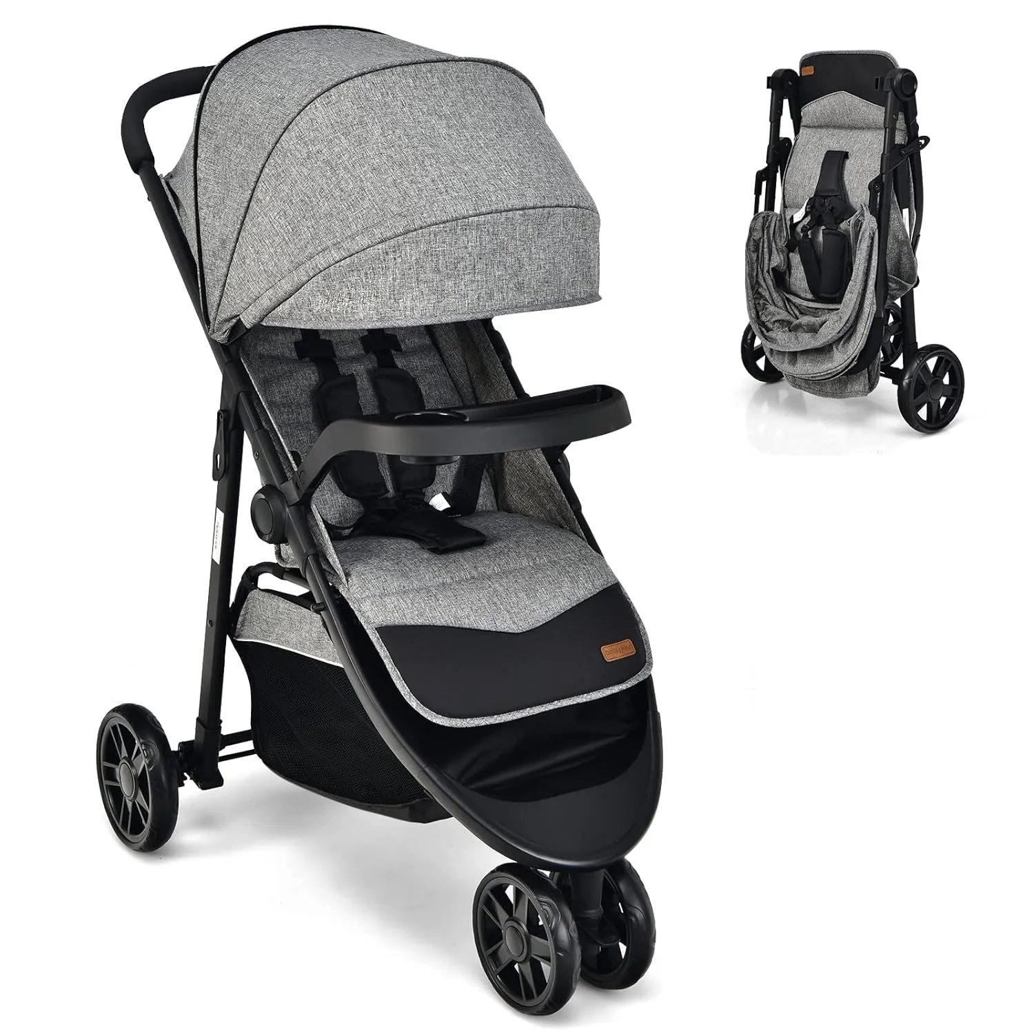 HONEY JOY Jogging Stroller, Off Road Hiking Stroller, Easy One-Hand Fold, Adjustable Backrest/Canopy, Storage Basket, Baby Jogger for Infants Boys Girls (Gray)