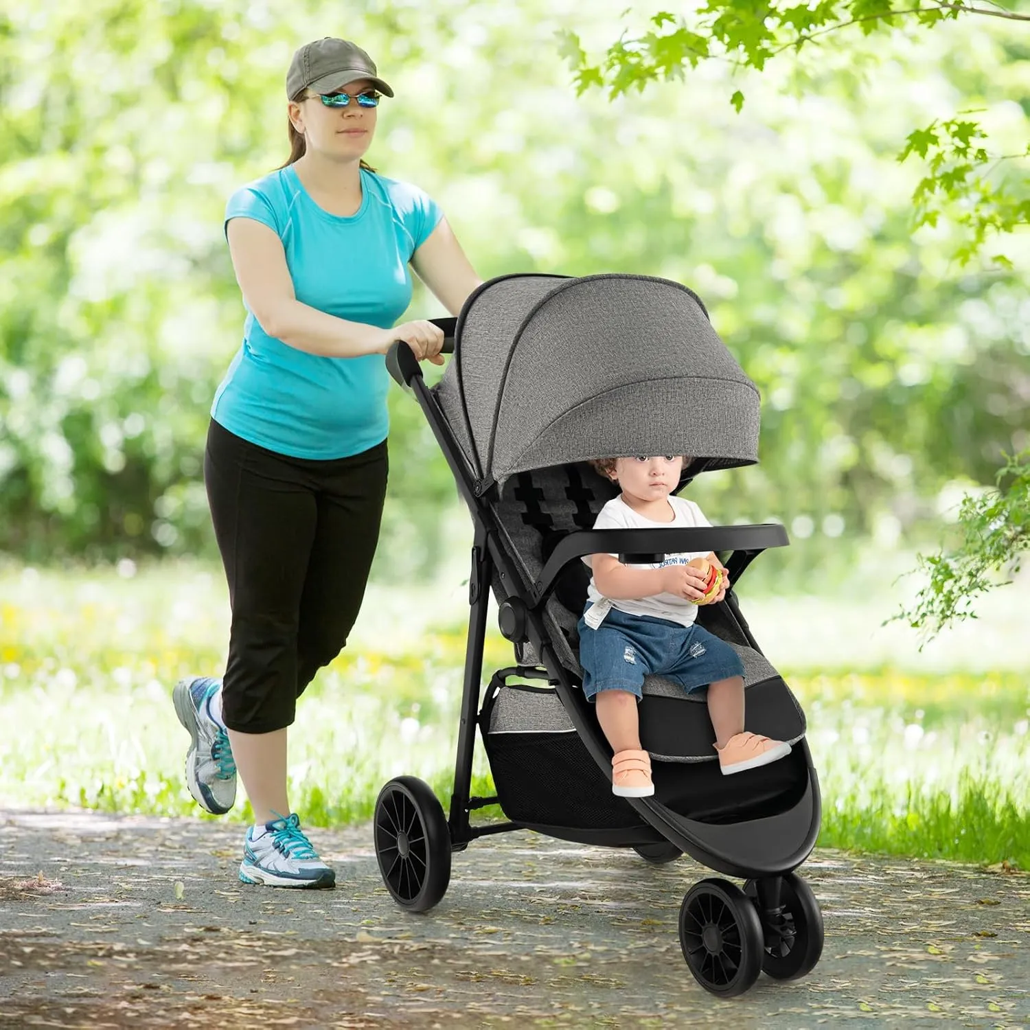 HONEY JOY Jogging Stroller, Off Road Hiking Stroller, Easy One-Hand Fold, Adjustable Backrest/Canopy, Storage Basket, Baby Jogger for Infants Boys Girls (Gray)