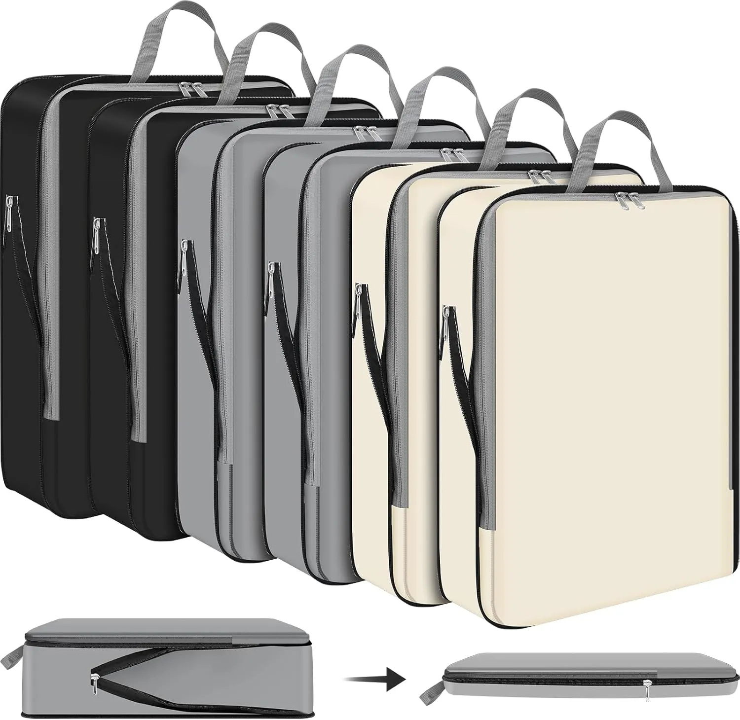 Hosuly 6 Pcs 17.3 x 12.6'' Compression Packing Cube Bag Extra Large Travel Expandable Space Saving Organizers XL for Luggage Storage(Black, Gray, Beige)