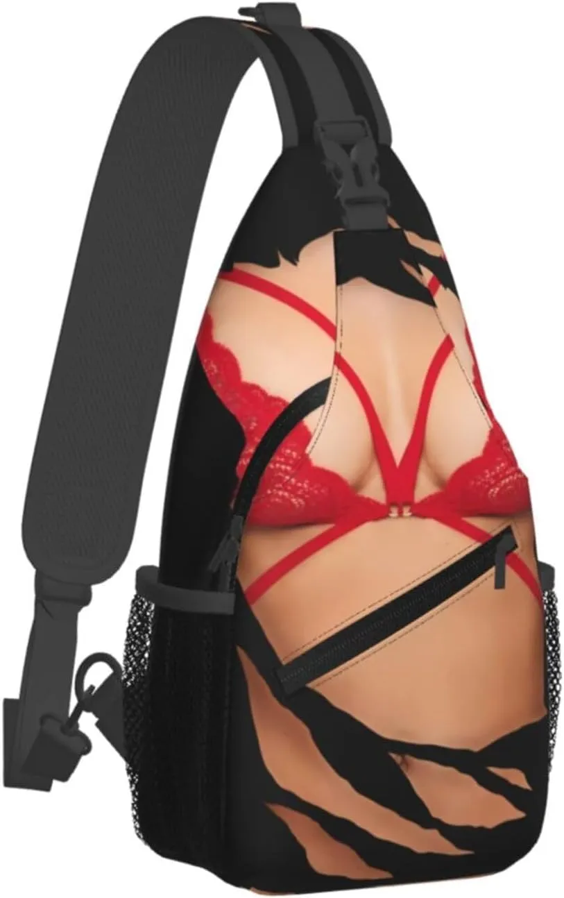 Hot 3D Realistic Boobs Red Bikini Body Crossbody Bag Cross Chest Bag Adjustable Sling Backpack Sports Gym Shoulder Bags Travel Cycling Daypack Diagonally Casual Rucksack