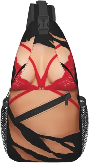 Hot 3D Realistic Boobs Red Bikini Body Crossbody Bag Cross Chest Bag Adjustable Sling Backpack Sports Gym Shoulder Bags Travel Cycling Daypack Diagonally Casual Rucksack