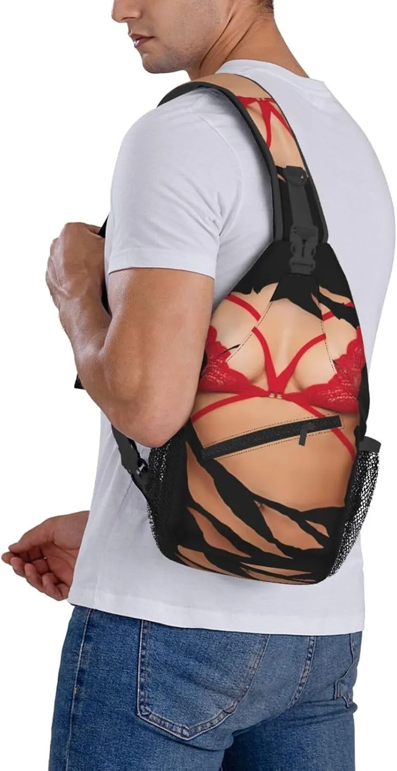 Hot 3D Realistic Boobs Red Bikini Body Crossbody Bag Cross Chest Bag Adjustable Sling Backpack Sports Gym Shoulder Bags Travel Cycling Daypack Diagonally Casual Rucksack