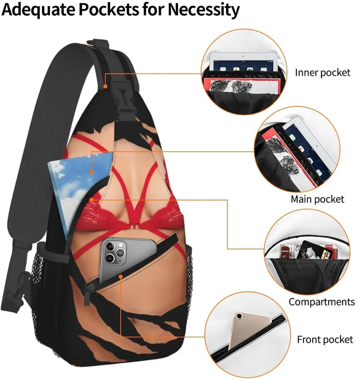 Hot 3D Realistic Boobs Red Bikini Body Crossbody Bag Cross Chest Bag Adjustable Sling Backpack Sports Gym Shoulder Bags Travel Cycling Daypack Diagonally Casual Rucksack