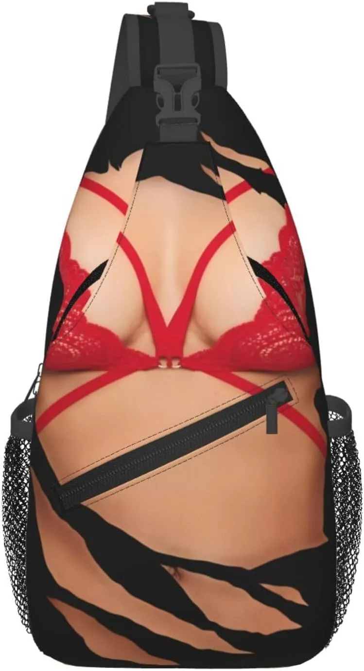Hot 3D Realistic Boobs Red Bikini Body Crossbody Bag Cross Chest Bag Adjustable Sling Backpack Sports Gym Shoulder Bags Travel Cycling Daypack Diagonally Casual Rucksack