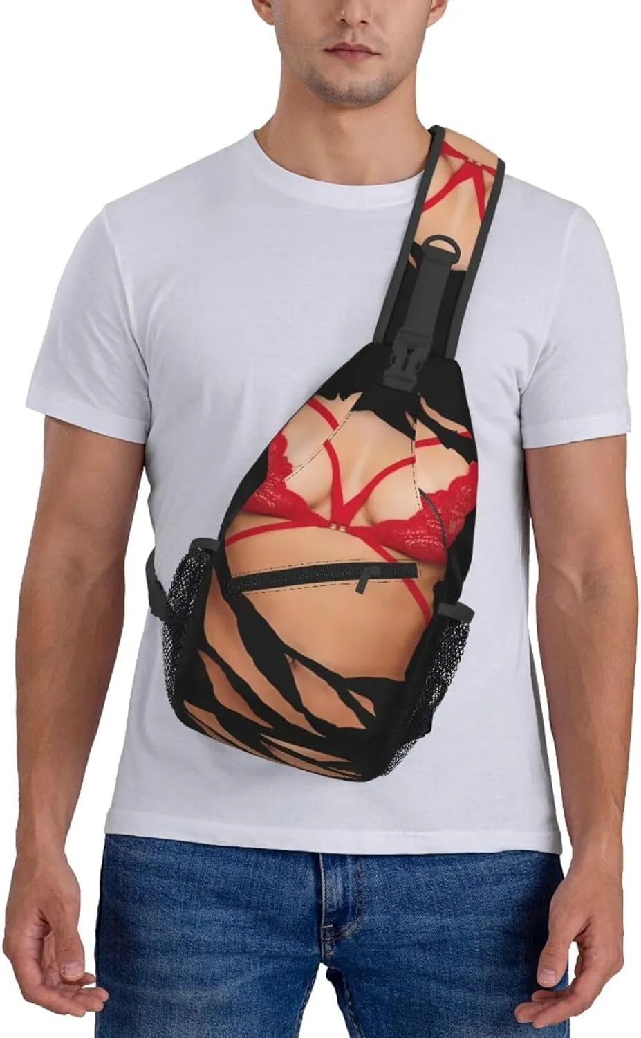 Hot 3D Realistic Boobs Red Bikini Body Crossbody Bag Cross Chest Bag Adjustable Sling Backpack Sports Gym Shoulder Bags Travel Cycling Daypack Diagonally Casual Rucksack