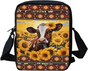 HUGS IDEA Small Messenger Bag Aztec Native Sunflower Cow School Crossbody Purse Fashion School Bus Pattern Red Cross-body Pouch for Kids