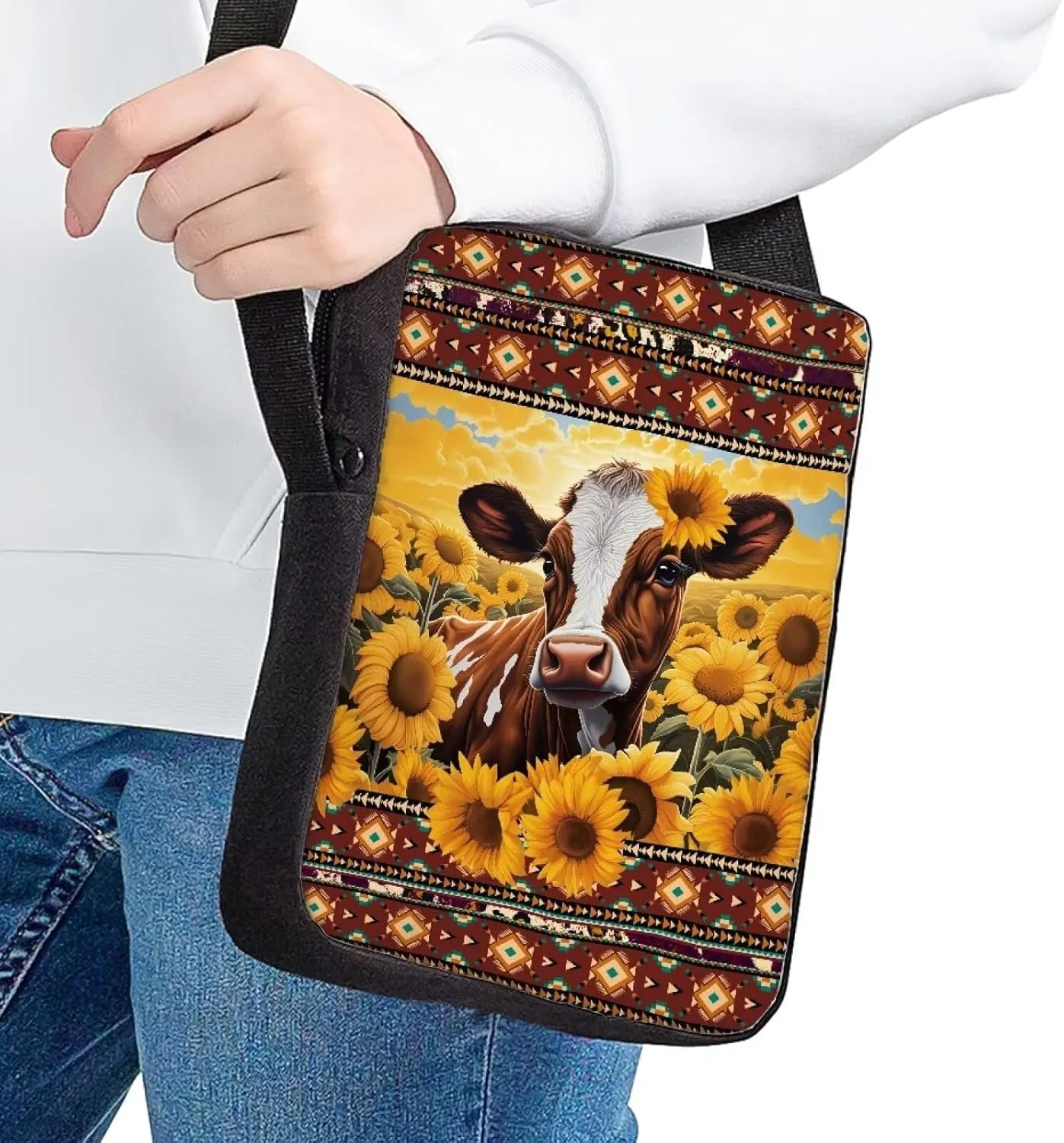 HUGS IDEA Small Messenger Bag Aztec Native Sunflower Cow School Crossbody Purse Fashion School Bus Pattern Red Cross-body Pouch for Kids
