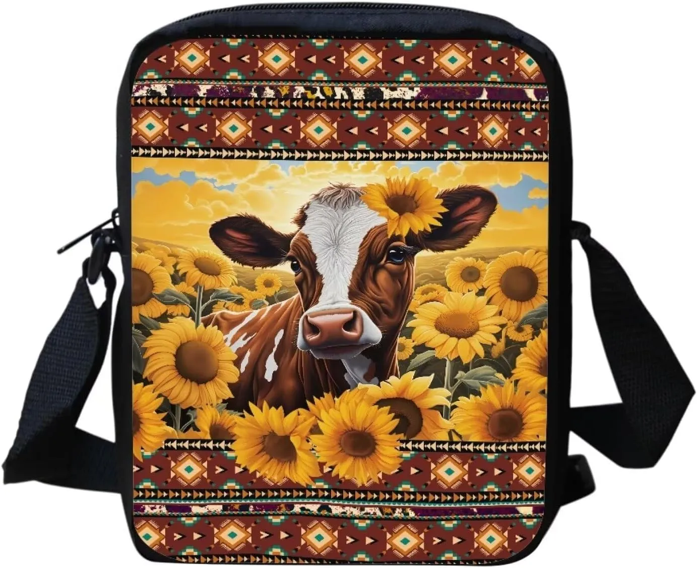 HUGS IDEA Small Messenger Bag Aztec Native Sunflower Cow School Crossbody Purse Fashion School Bus Pattern Red Cross-body Pouch for Kids