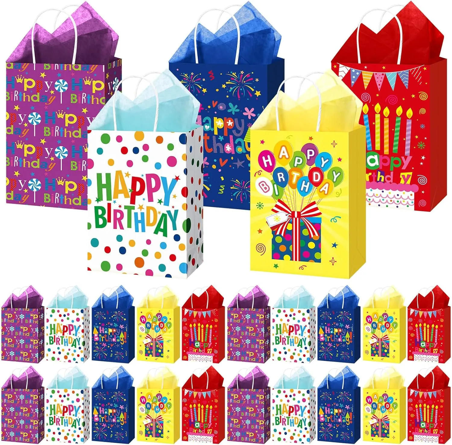 Hushee 30 Pcs Birthday Gift Bags with Handles and Tissue Papers Happy Birthday Paper Party Favors Bags Birthday Goodie Candy Bag Birthday Gift Wrapping Bags for Birthday Party Supplies(Happy Birthday)