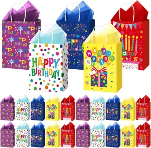 Hushee 30 Pcs Birthday Gift Bags with Handles and Tissue Papers Happy Birthday Paper Party Favors Bags Birthday Goodie Candy Bag Birthday Gift Wrapping Bags for Birthday Party Supplies(Happy Birthday)
