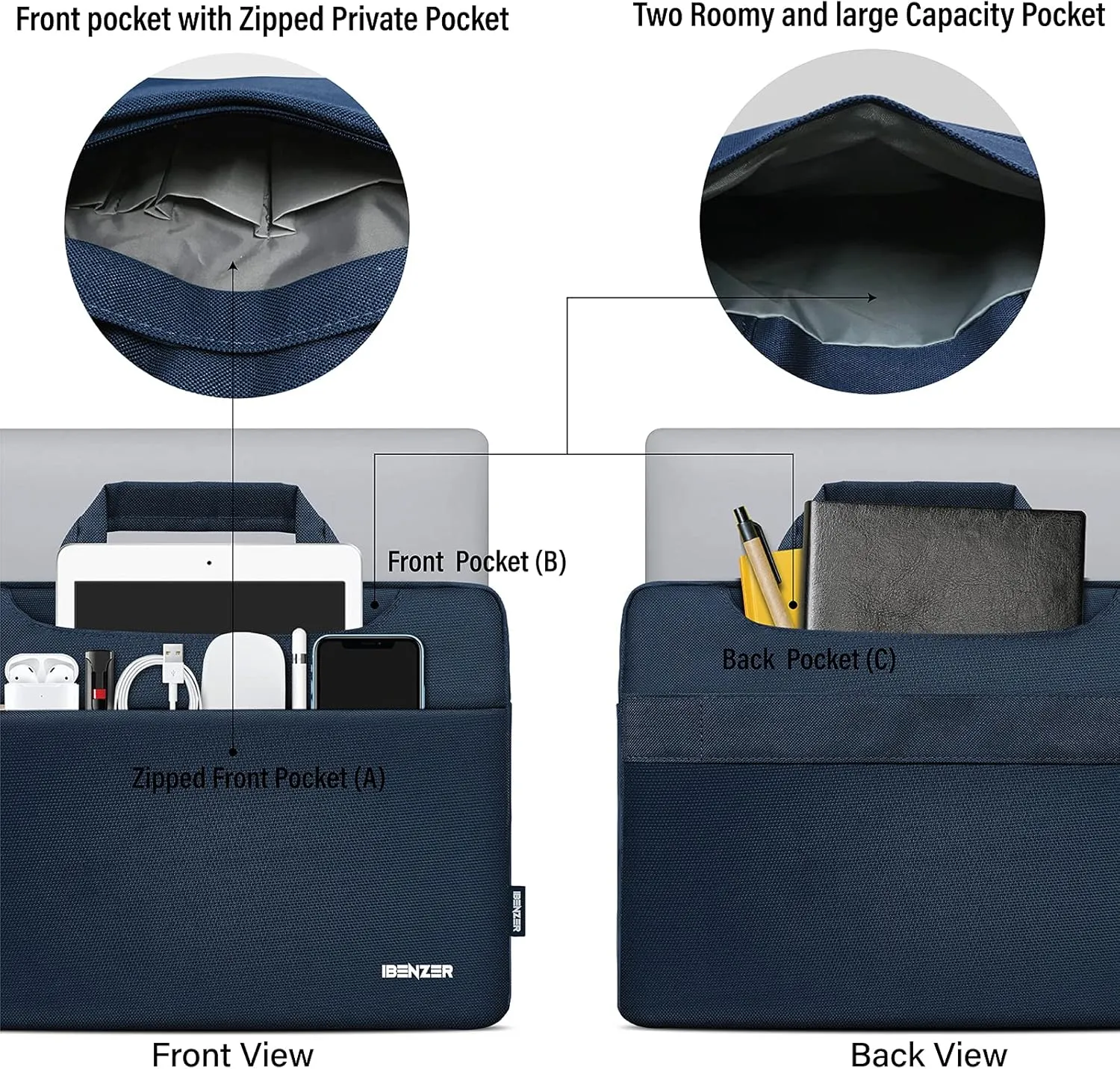 IBENZER Laptop Sleeve Bag for MacBook Air/Pro 13 13.3 14 inch, Carrying Case for 13 in Surface/HP/Dell/Lenovo Chromebook, Laptop Cover for M1 M2 Mac Air/Pro 13"-14”, Navy Blue, BG13-NVBL