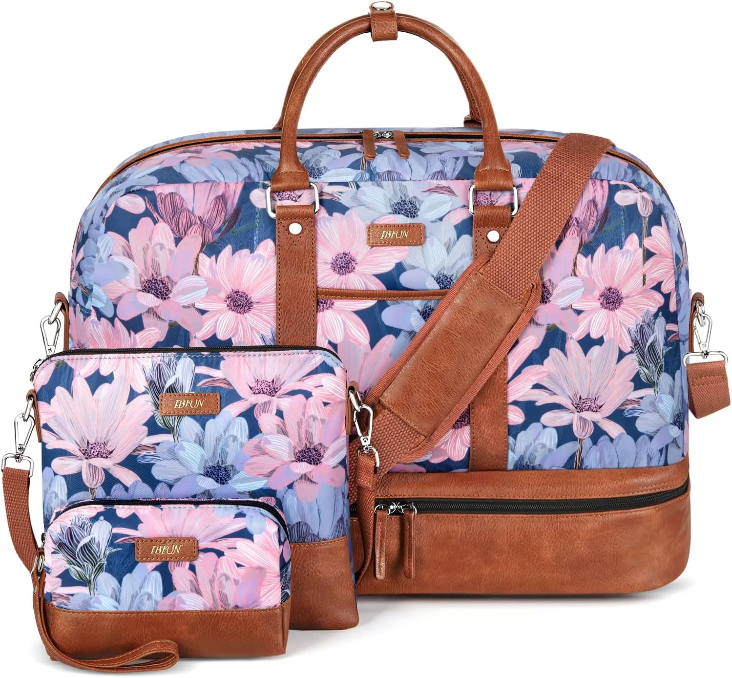 IBFUN Weekender Bags for Women, Large Overnight Bag Canvas Travel Duffel Bag Carry On Tote with Shoe Compartment 21" 3Pcs Set