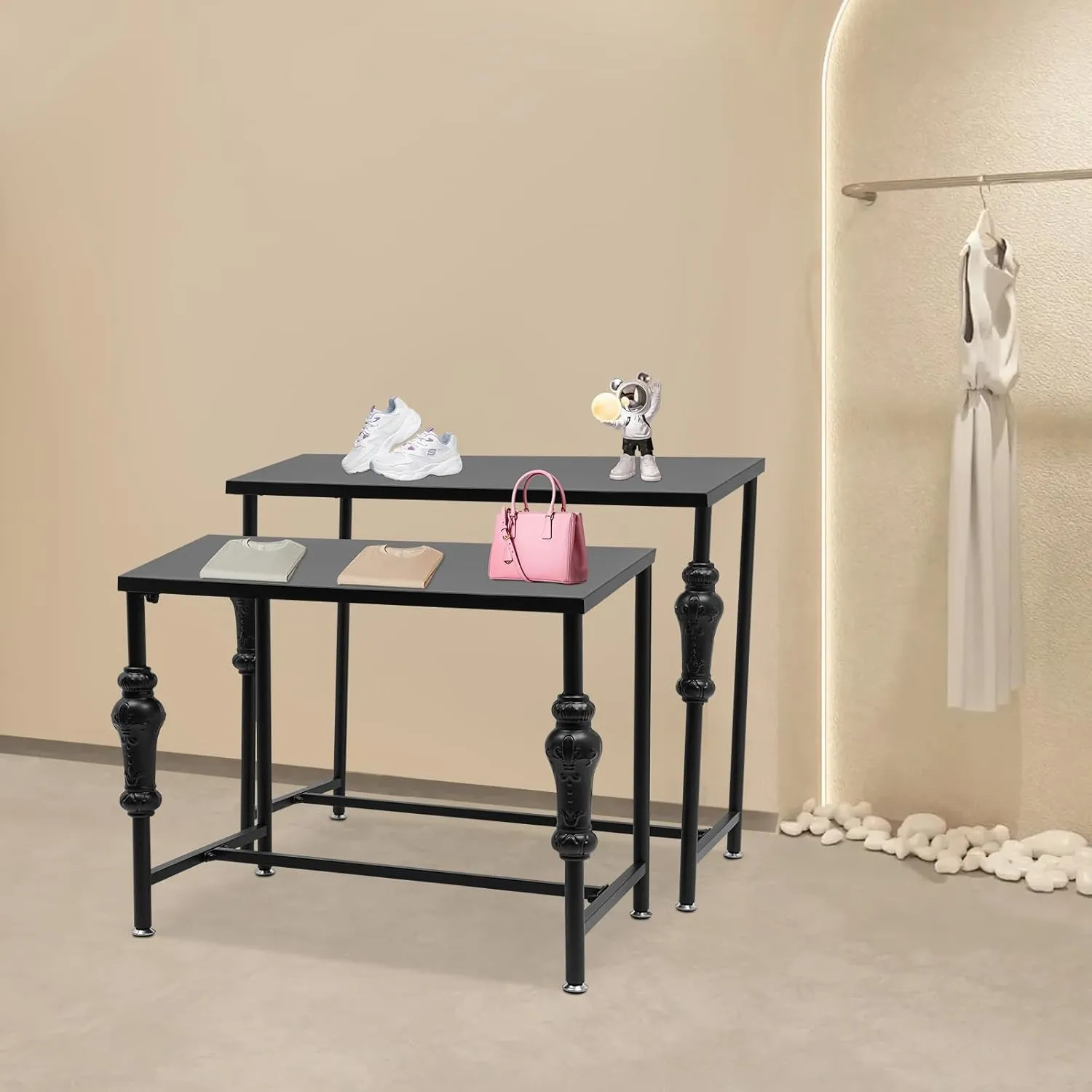 Industrial Retail Display Tables, Metal Shelf Clothing Shoe Display Stand, Standing Purse Display Racks Retro Unit Storage Shelves for Garment/Handbag Display Stand (Black)