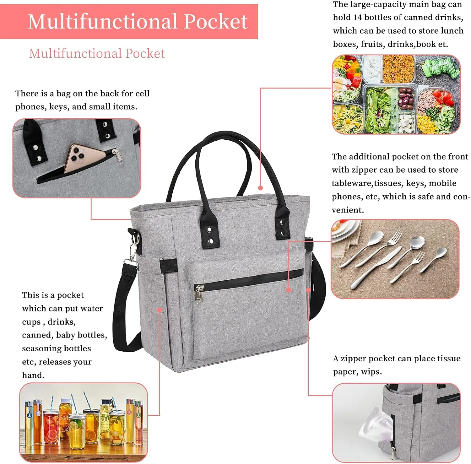 Insulated Adult Lunch Bag For Women Thermal Food Storage Tote Bags Water Resistant Ice Cooler with Long Shoulder Strap Large Lunch Boxes For Men Picnic Working Outing (Grey)