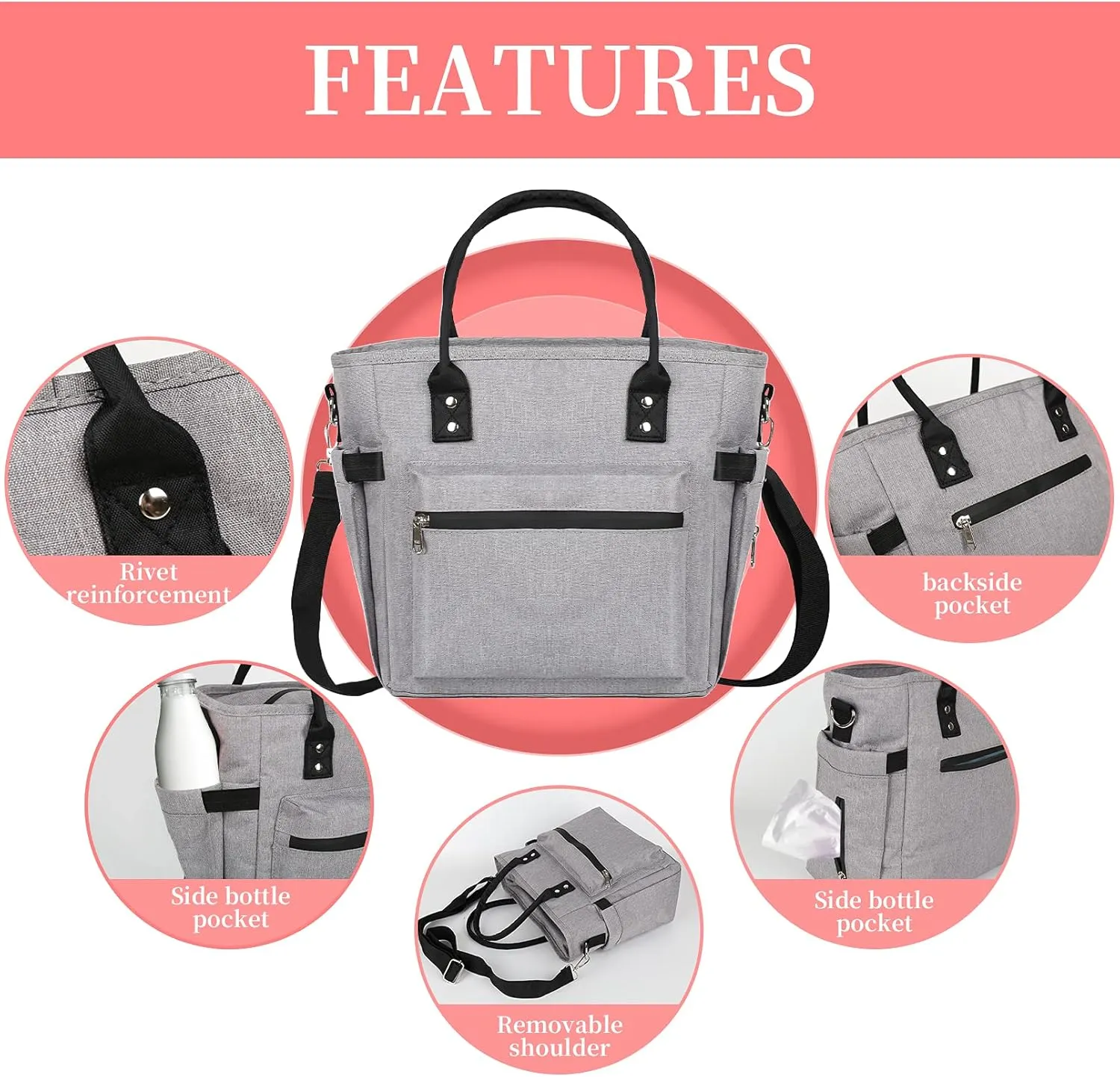 Insulated Adult Lunch Bag For Women Thermal Food Storage Tote Bags Water Resistant Ice Cooler with Long Shoulder Strap Large Lunch Boxes For Men Picnic Working Outing (Grey)