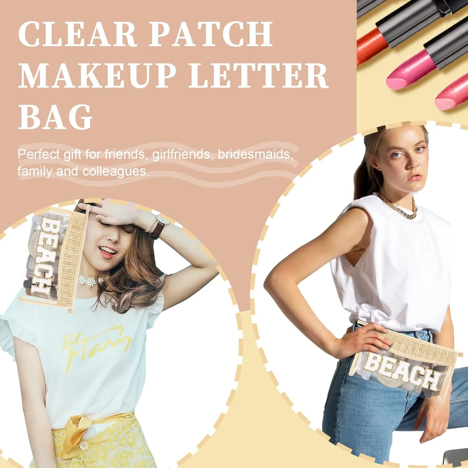 Iqimott 2 Clear Patch Makeup Bags, Boho Beach Swim Waterproof Zipper Toiletry Pouch for Women Girls, Clear Letter Patch Cosmetic Bag for Travel