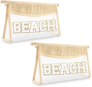 Iqimott 2 Clear Patch Makeup Bags, Boho Beach Swim Waterproof Zipper Toiletry Pouch for Women Girls, Clear Letter Patch Cosmetic Bag for Travel